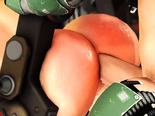 Space busty girl in cuffs gets fucked by sex robot in a lab